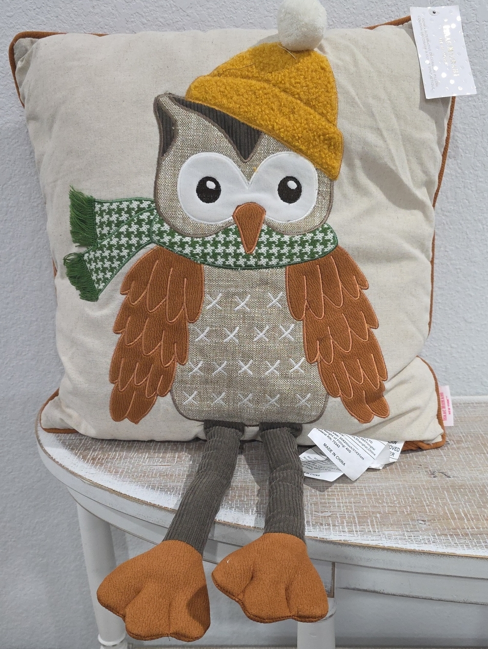 Isaac Mizrahi Cream Holiday Owl Pillow with Mustard Hat and Green Scarf